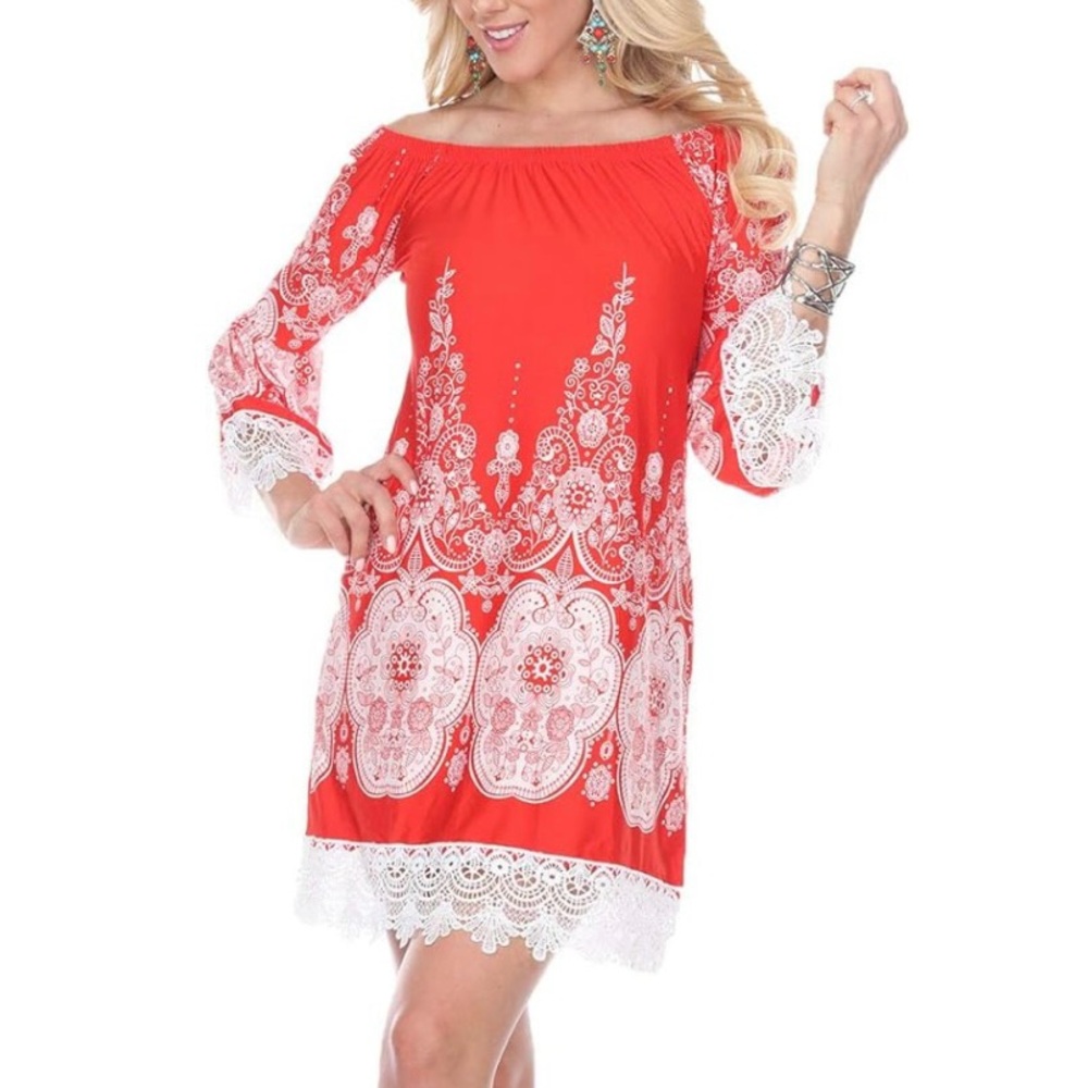 White Mark MYA Off-Shoulder Lace Hem Damask Dress